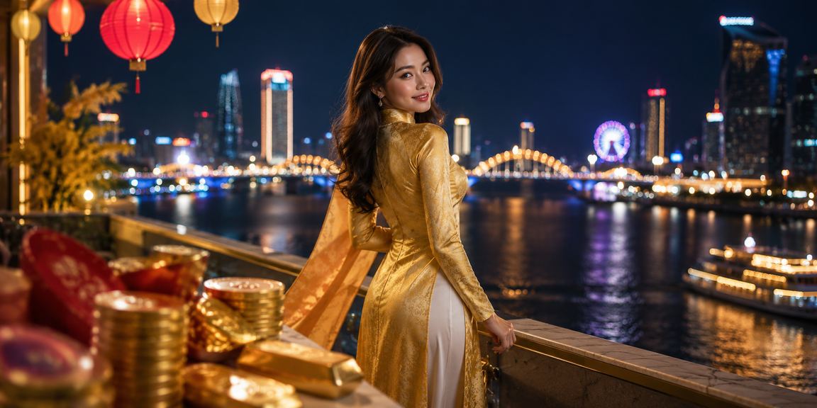 Người phụ nữ mặc áo dài tại Đà Nẵng sử dụng điện thoại trải nghiệm casino trực tuyến